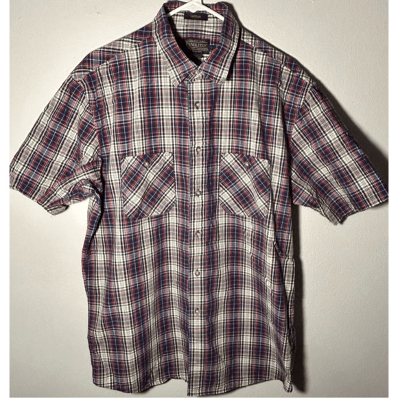 Pendleton Men’s Santiam Short Sleeve Button Down Men’s Blue & Red Plaid Shirt L - Picture 2 of 7